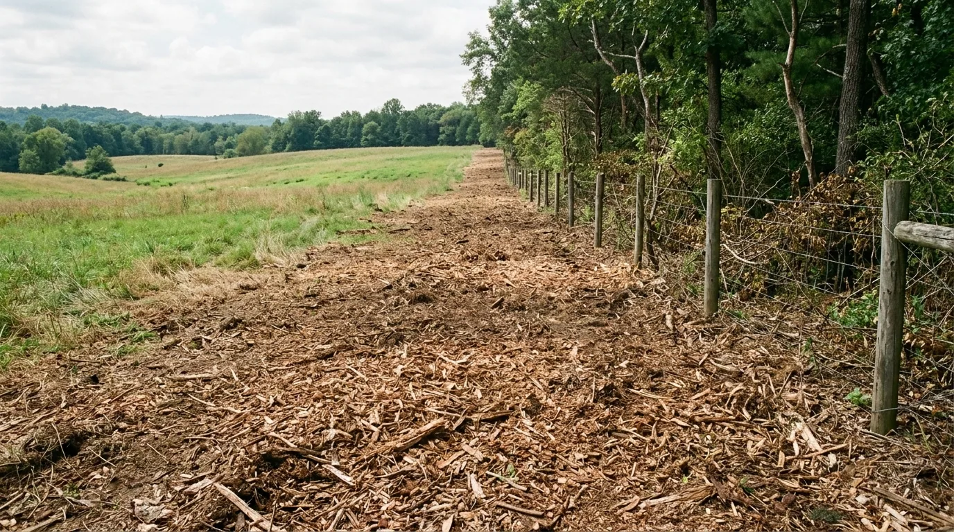The finished result of professional forestry mulching: the completed work looking clean, correct — Fayetteville, NC