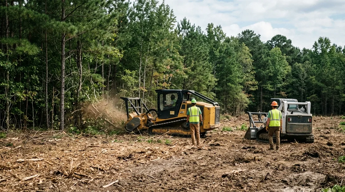 A small professional crew working on a forestry mulching job at a property, seen from behind and at — Fayetteville, NC